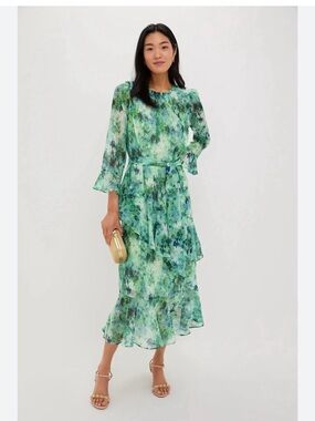 Tucker Green & Teal Watercolor Ruffle Midi Dress